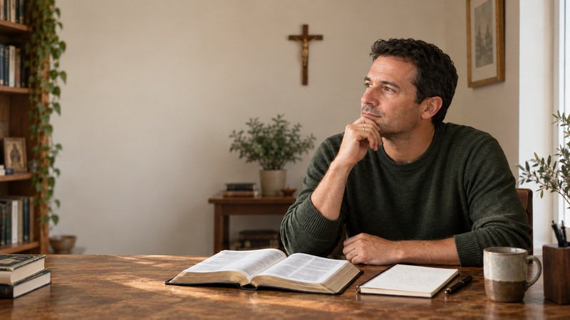 Un homme en pull vert réfléchit à son bureau devant un livre ouvert et un carnet, avec une croix au mur.