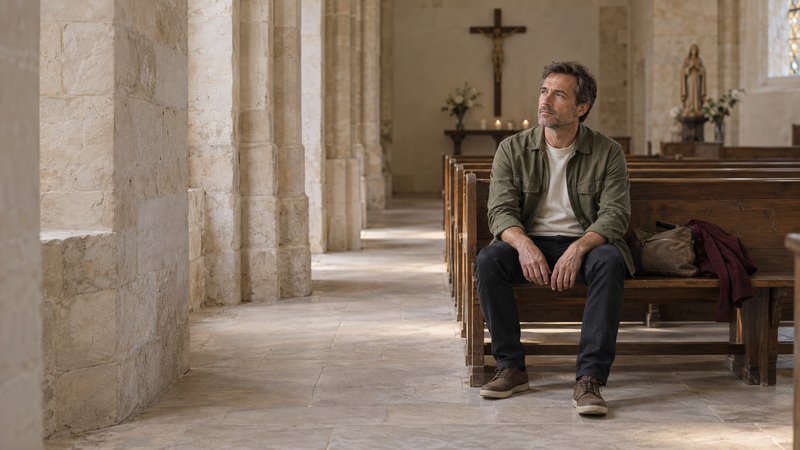 Un homme assis sur un banc d'église, les mains sur les cuisses, avec un sac et une veste posés à côté de lui.