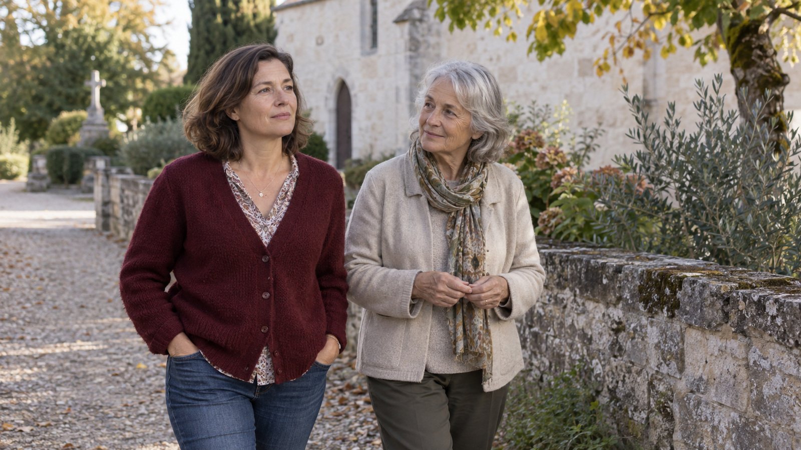 Deux femmes marchent côte à côte dans un jardin, près d’un muret et d’une église en pierre.