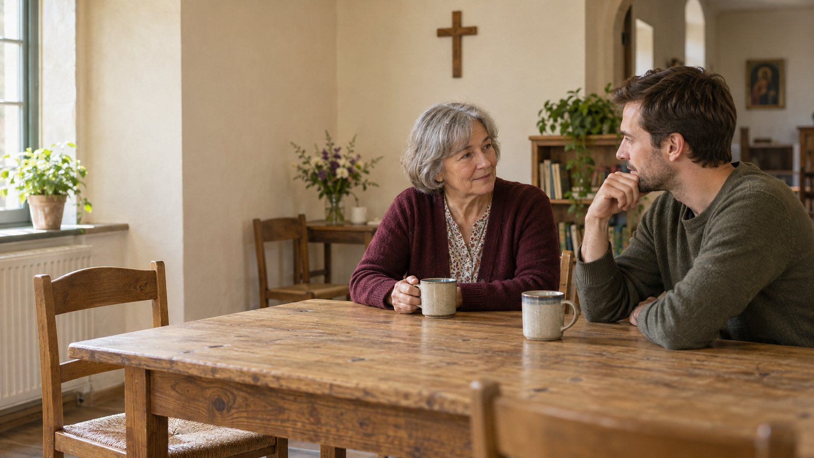 Une femme aux cheveux gris et un homme en pull vert échangent autour d’une table en bois, avec deux tasses et une croix au mur.