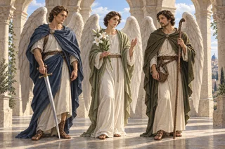 Trois archanges distincts avec épée, lys et poisson.