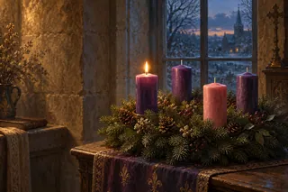 Couronne de l’Avent, trois bougies violettes et une rose, une seule flamme dans la veille du soir.