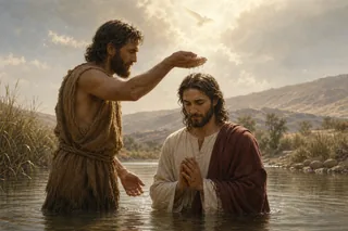 Jean baptise Jésus dans le Jourdain ; une colombe apparaît dans la lumière.