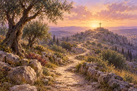 Un chemin entre les oliviers mène vers une croix à l’horizon.