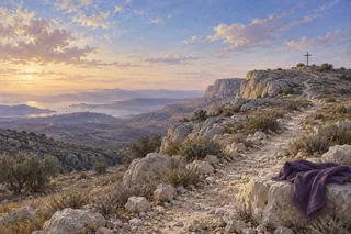 Un chemin pierreux, une croix lointaine et un tissu violet évoquent la marche du Carême.