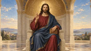 Le Christ bénissant, assis devant une abside : composition de dévotion imaginée.