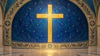 Une croix lumineuse en mosaïque bleue et or : évocation de la Croix glorieuse.