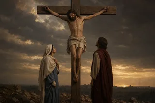 Marie et le disciple bien-aimé se tiennent au pied de Jésus crucifié.