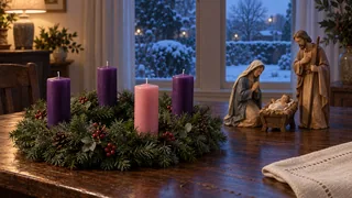 Couronne à quatre cierges non allumés et Nativité artisanale : évocation de décembre, de l’Avent à Noël.