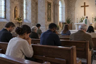 Des fidèles différents recueillis dans une église contemporaine.