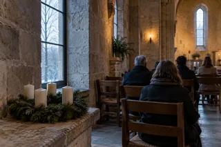 Scène contemporaine imaginée : une communauté attend dans une église, près d’une couronne de l’Avent sans bougie allumée.