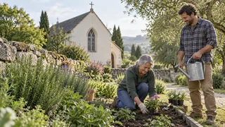 Scène contemporaine imaginée : deux adultes prennent soin d’un jardin près d’une chapelle.