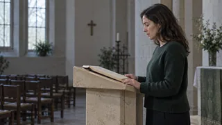 Scène contemporaine imaginée : une femme lit un livre à un ambon, dans une église calme.