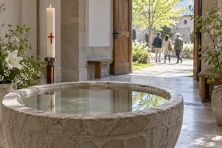 Évocation contemporaine du temps pascal : une vasque baptismale, un cierge et une cour lumineuse.
