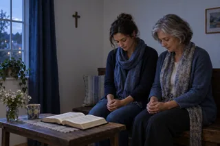 Scène contemporaine imaginée : deux femmes prient chez elles, près d’une Bible ouverte.