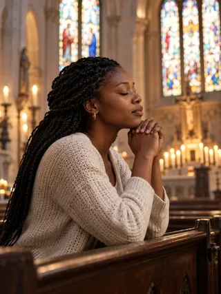 Évocation contemporaine : une femme prie dans une église éclairée par les vitraux.