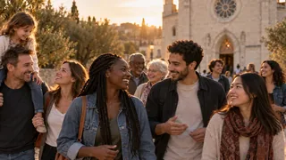 Évocation contemporaine : des personnes de plusieurs générations échangent devant une église.