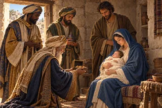 Des mages présentent trois offrandes à Jésus enfant, dans les bras de Marie, auprès de Joseph, à l’intérieur d’une maison.