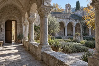 Une cour de cloître de pierre et son jardin.