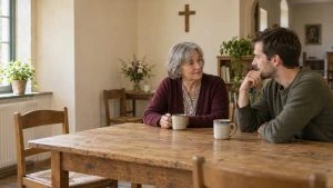 Une femme et un homme échangent autour de deux tasses à une table.