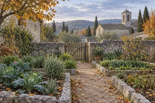 Un jardin de monastère d’automne sans personnages.