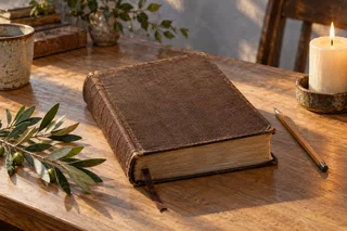 Une Bible fermée, une bougie et une branche d’olivier.