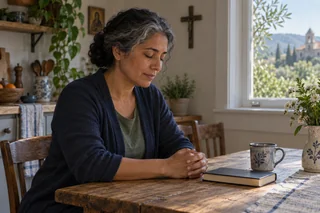 Une femme adulte prie à une table près d’une fenêtre.
