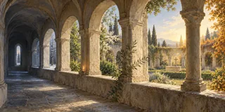 Des seuils de pierre traversés par la lumière ouvrent sur un jardin au fil des saisons, dans une architecture imaginée.