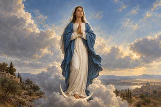Marie en blanc et bleu, un croissant de lune à ses pieds.