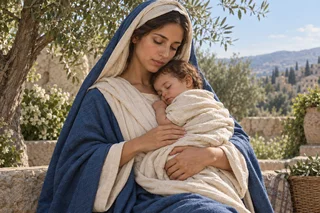 Marie portant Jésus enfant ; image dévotionnelle, sans chapelet placé dans une scène antique.