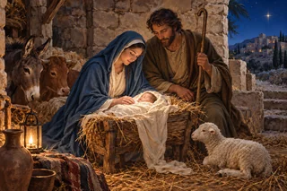 Marie, Joseph et Jésus nouveau-né dans une crèche sobre.