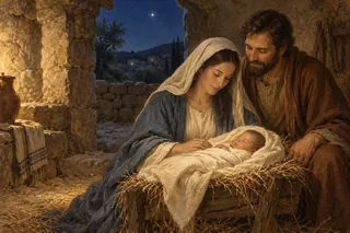 Évocation biblique de la Nativité : Marie et Joseph auprès de Jésus nouveau-né.