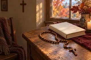 Chapelet stylisé et livre de prière dans une maison en octobre : une évocation de la prière du Rosaire.