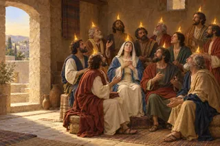 Évocation biblique de la Pentecôte : Marie et des disciples réunis sous des langues de feu.