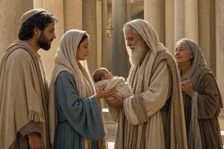 Marie et Joseph présentent Jésus au Temple ; Syméon reçoit l’enfant, près d’Anne.