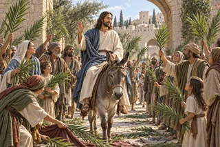 Jésus sur un âne, une foule et des rameaux.