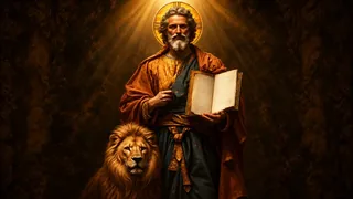 Représentation dévotionnelle de saint Marc avec un livre et le lion symbolique.