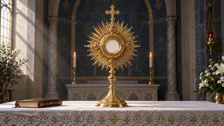 Un ostensoir contenant une hostie sur un autel : composition liturgique imaginée.