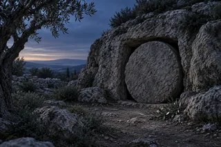 Illustration symbolique du Samedi saint : une pierre ferme le tombeau dans le silence.