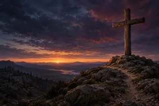 Une croix dans la lumière du soir : évocation du passage pascal, sans scène de liturgie représentée.