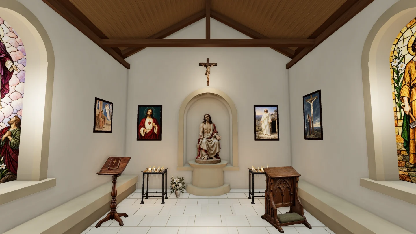 Aperçu d’une configuration de la chapelle : statue centrale, tableaux et vitraux
