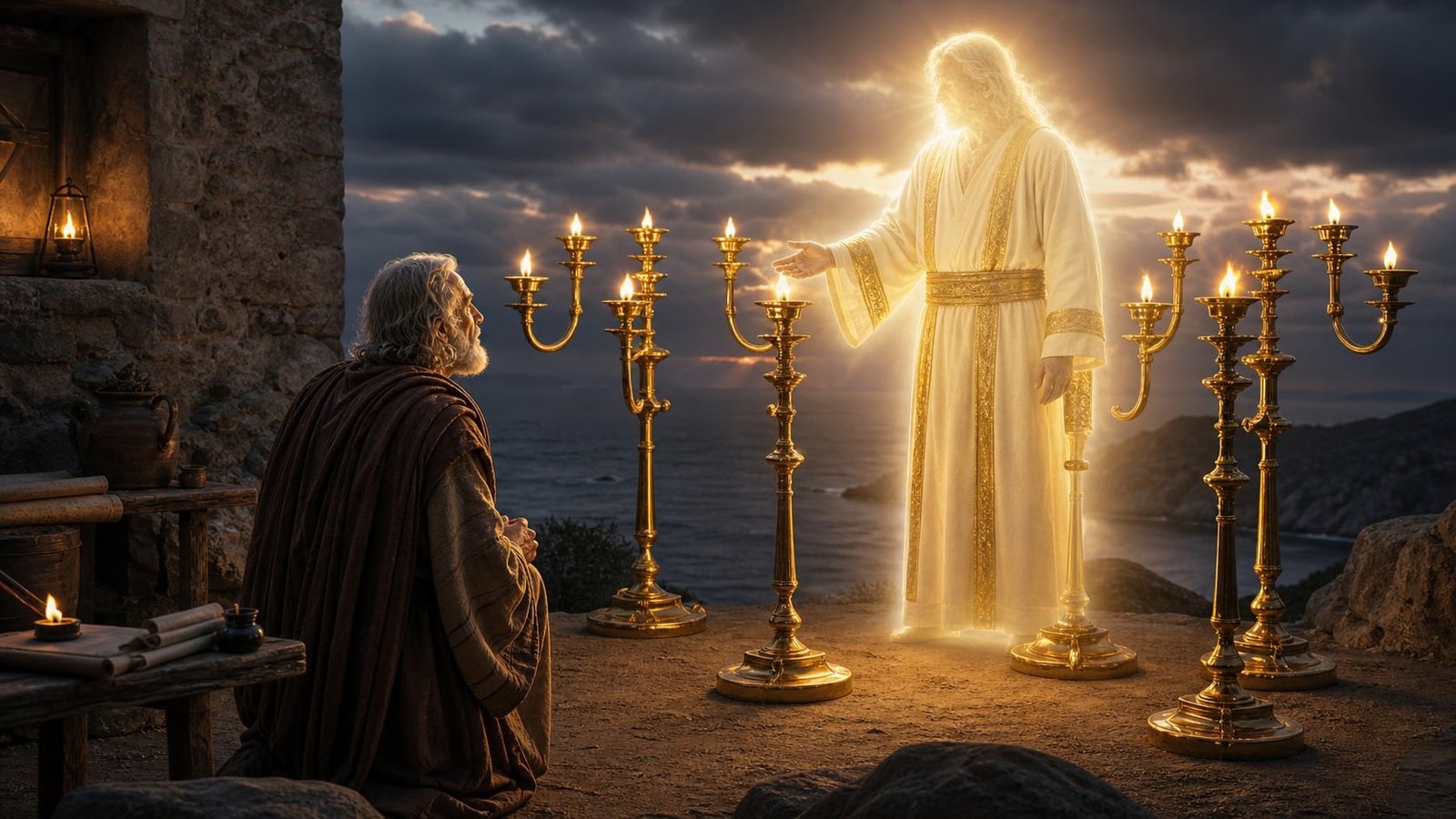 Apocalypse 1 : Jean a Patmos voit le Christ vivant au milieu des sept chandeliers