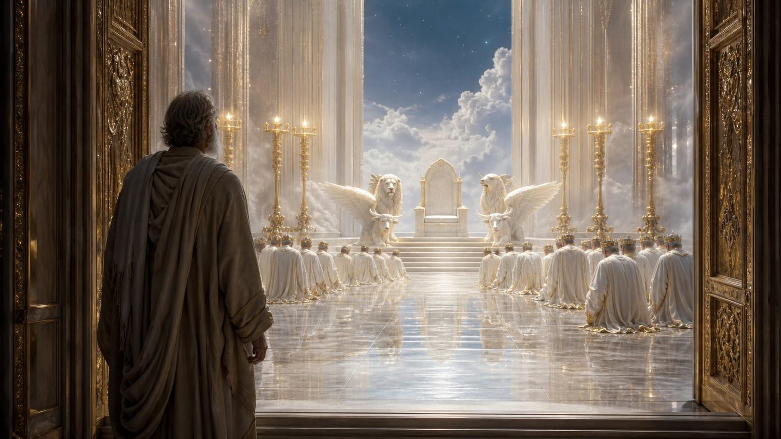 Apocalypse 4 : Jean voit la porte ouverte dans le ciel, le trone, les anciens et la liturgie celeste