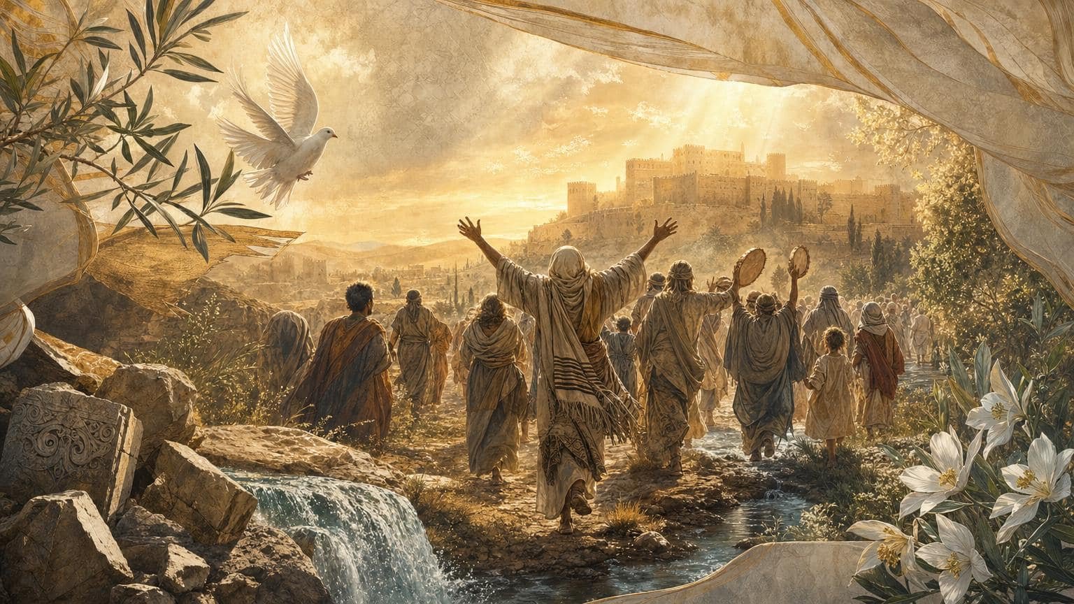 Illustration du Psaume 126: Joie du retour après l’exil; que Yahweh complète son œuvre