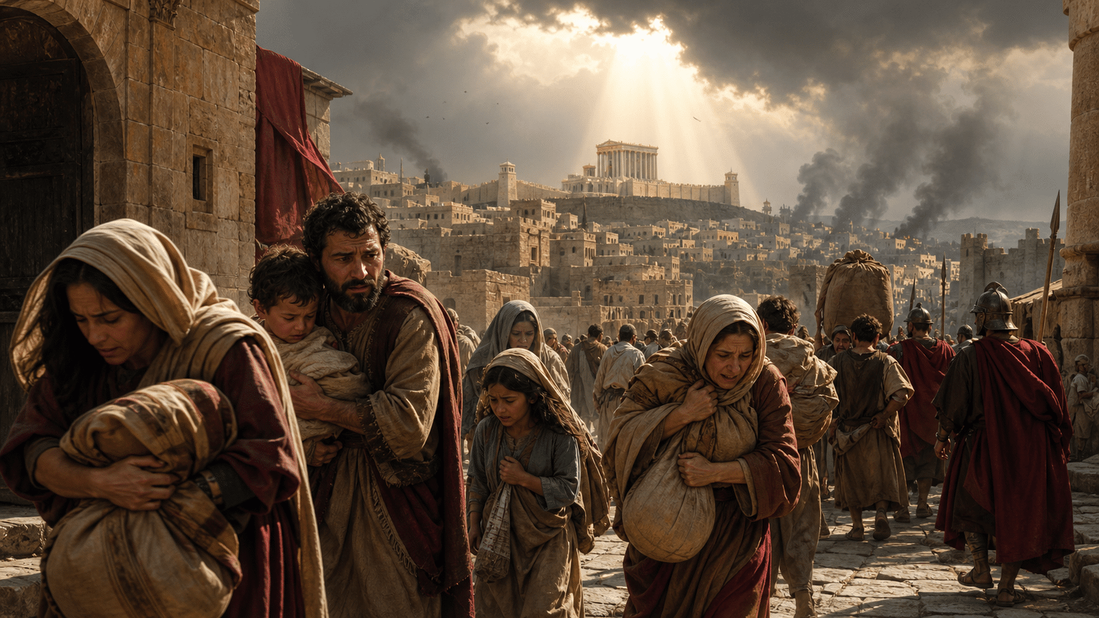 Familles fuyant Jerusalem blessee sous la domination d'Antiochus