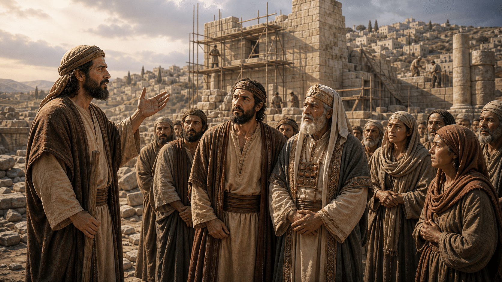 Aggee appelle Zorobabel, Josue et le peuple a reprendre la construction du Temple