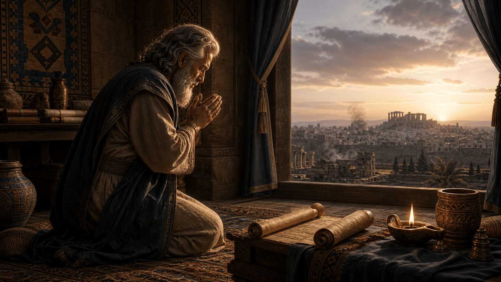 Daniel 9 montre Daniel priant pour Jerusalem avec le rouleau prophetique
