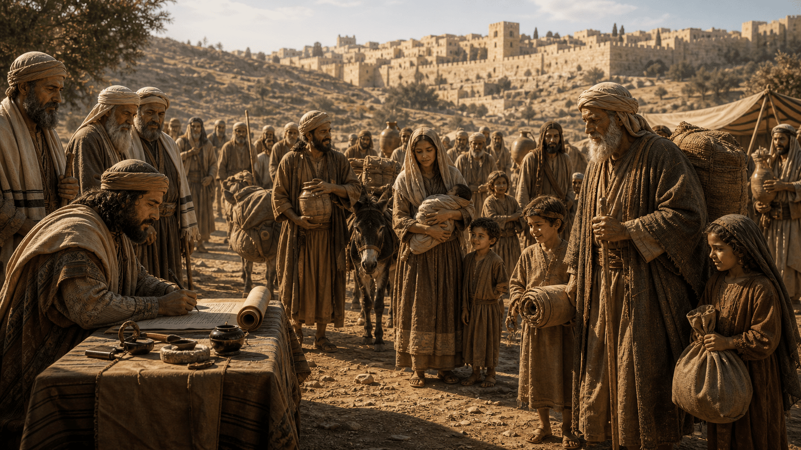 Esdras 2 montre les familles revenues d'exil rassemblees pres de Jerusalem