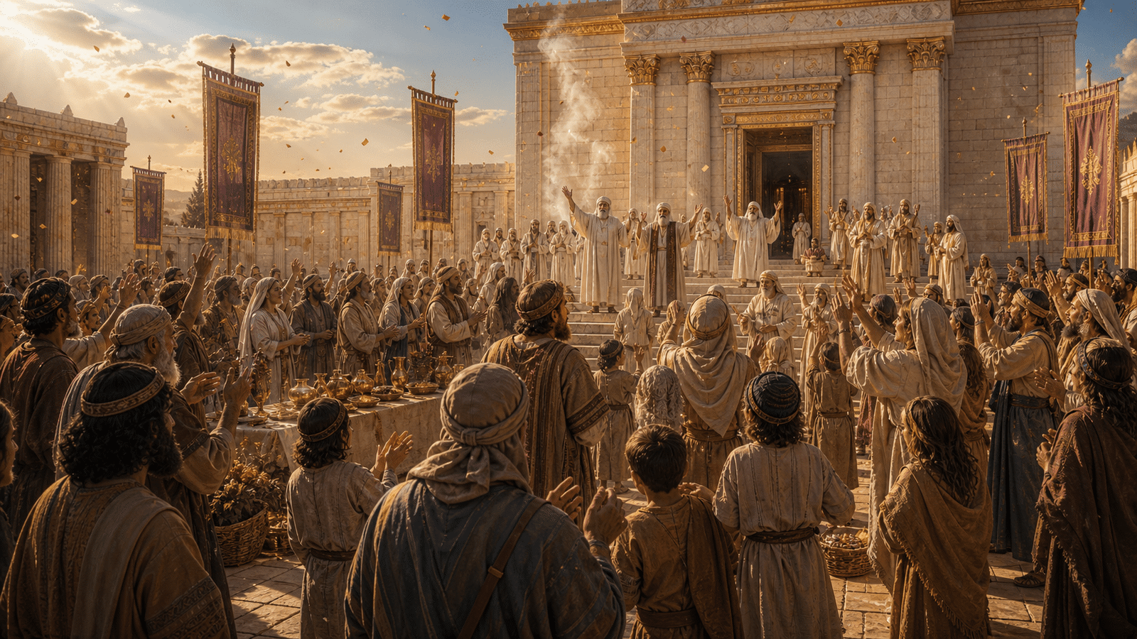 Esdras 6 montre le Temple acheve et la communaute reunie pour la dedicace