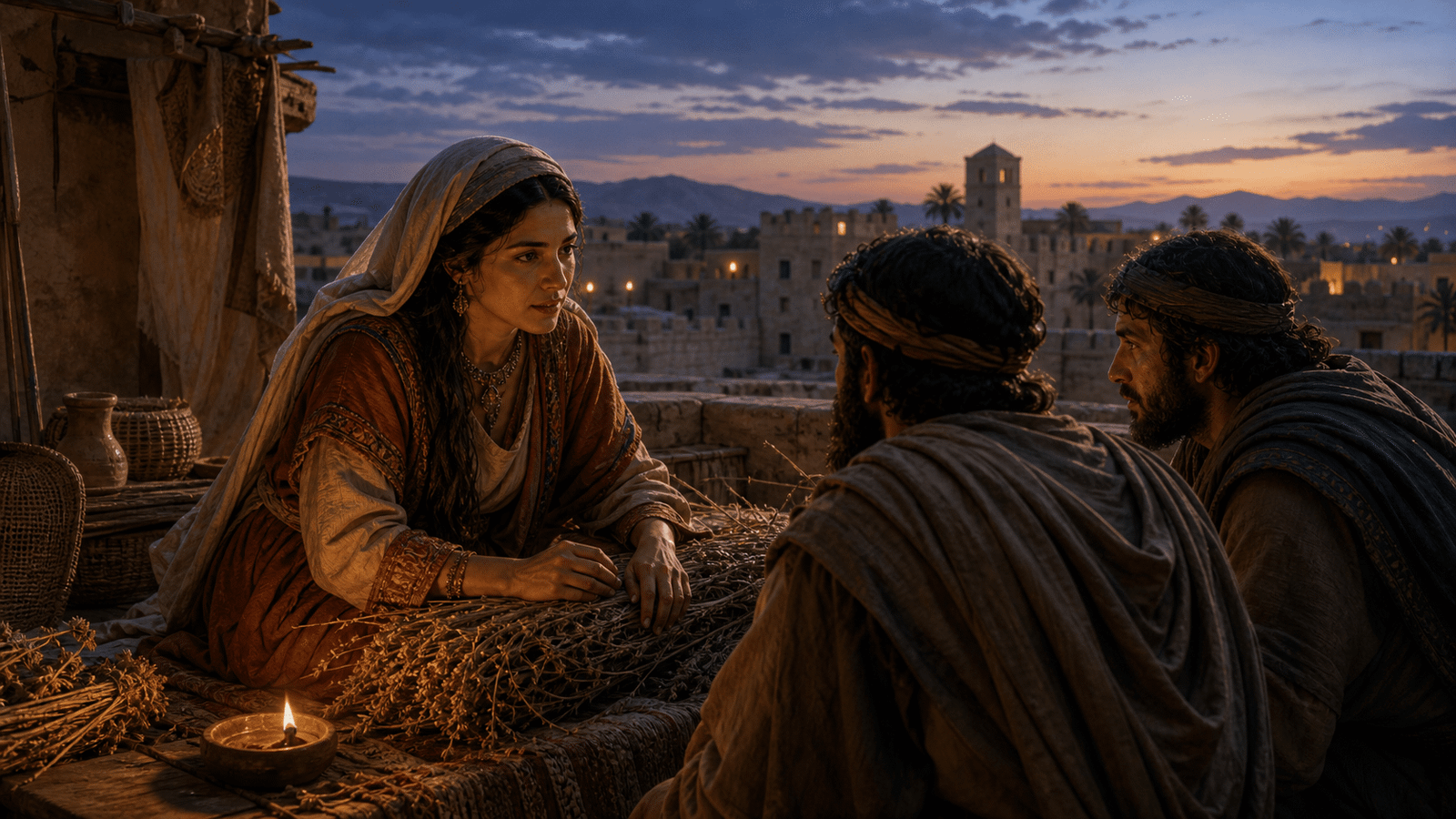 Rahab protege les envoyes d'Israel sur les toits de Jericho